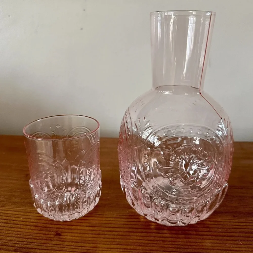 Embossed Bedside Water Carafe Glass Set  Pink
